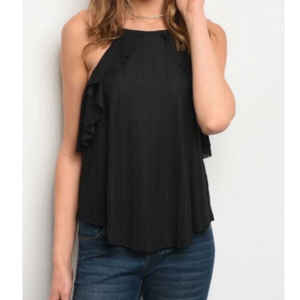 Very J Black Ruffle Tank Top